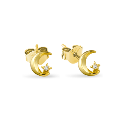 Gold Crescent Moon CZ Star Stud Earring