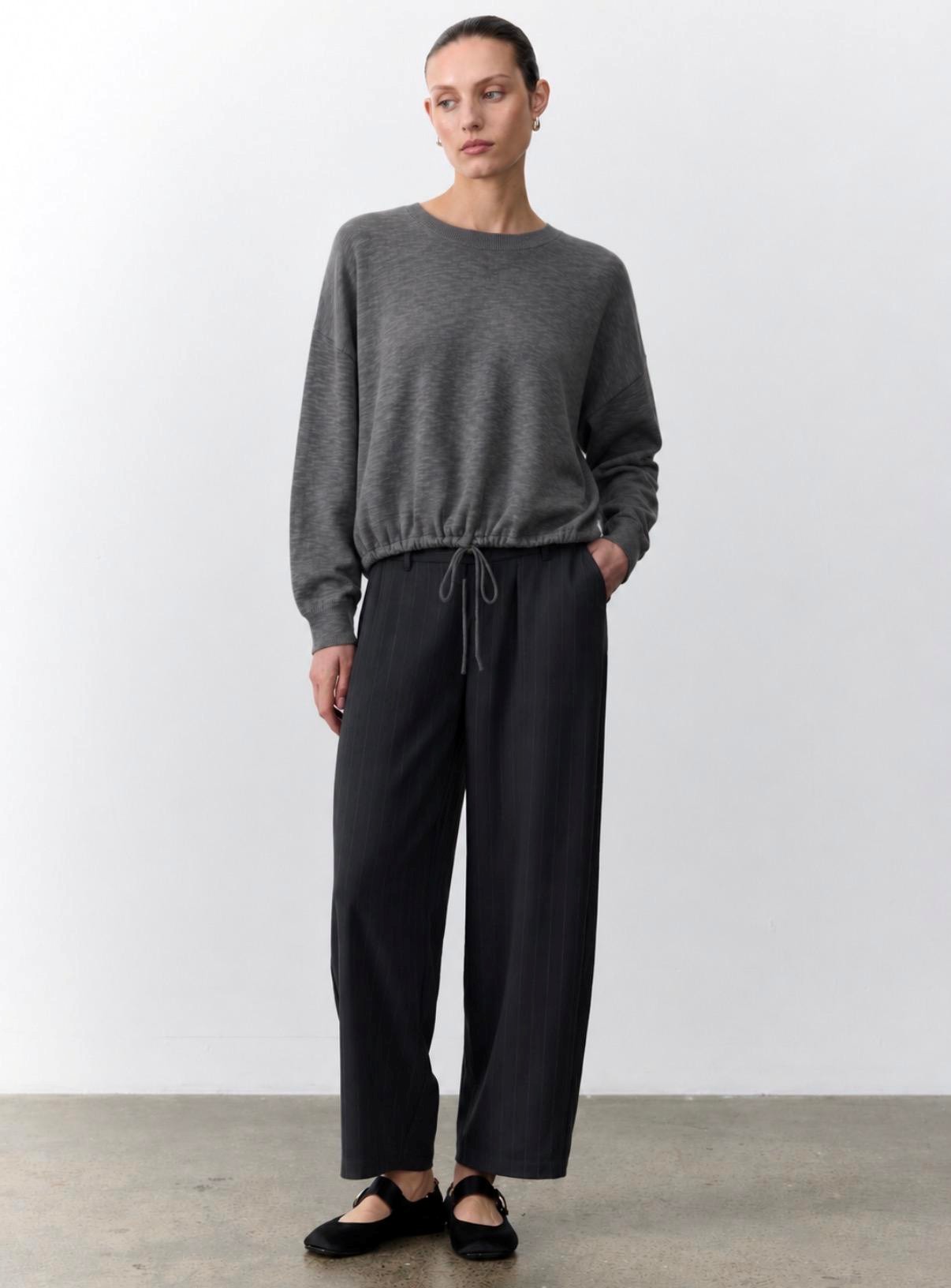 Penelope Barrel Leg Trouser - Charcoal Pinstripe - Image 3