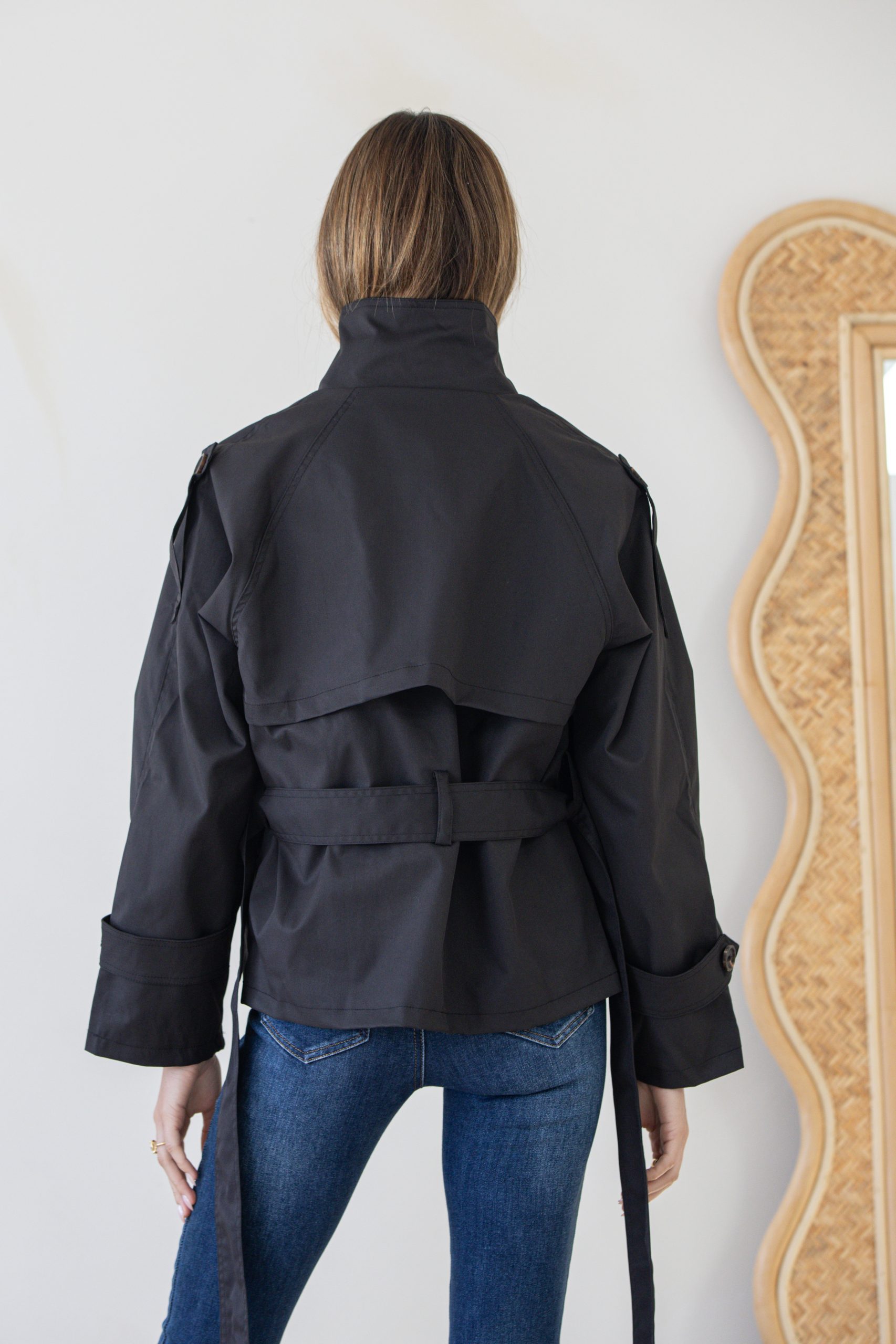 Funnel Neck Cropped Trench Coat - Black - Image 4