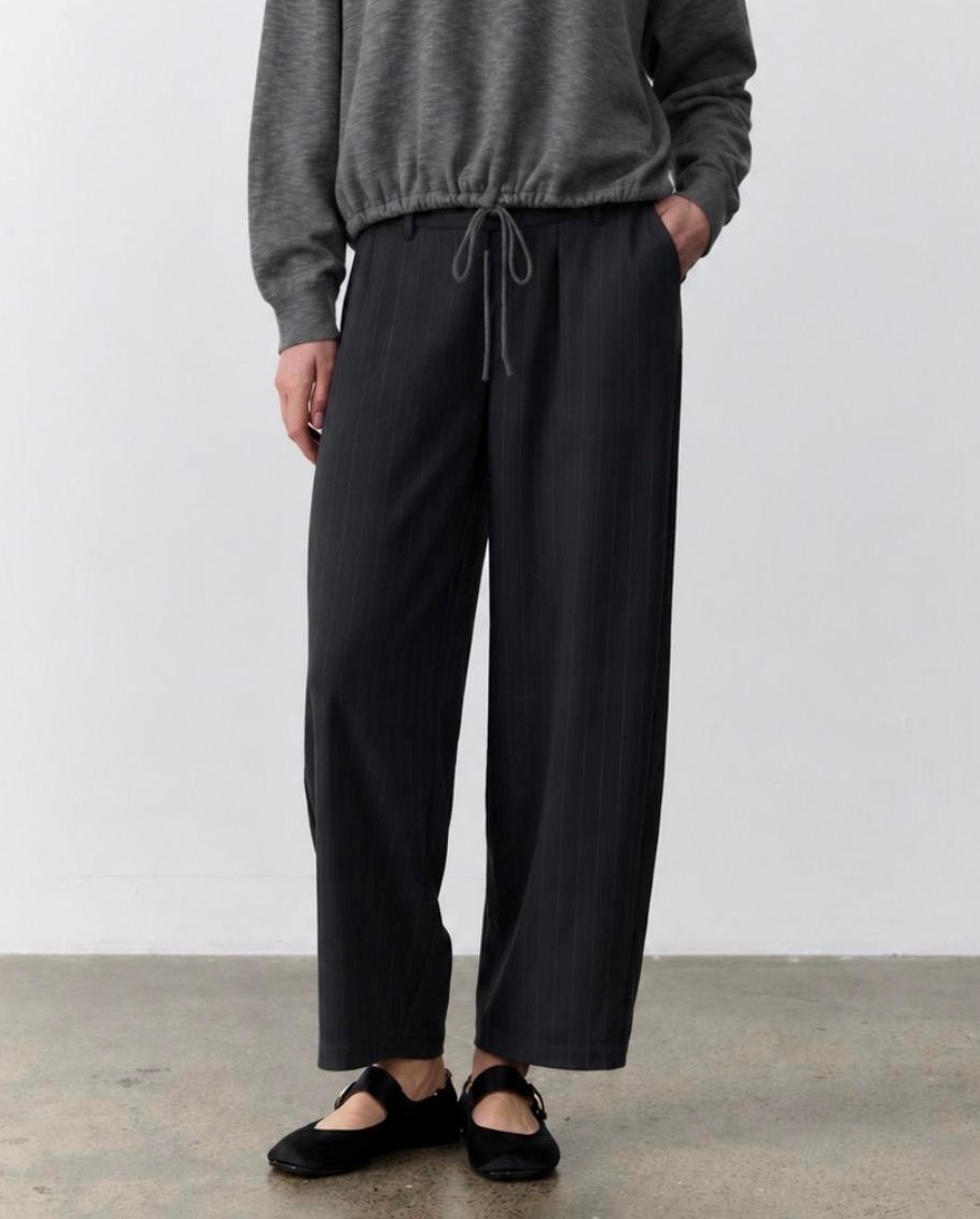 Penelope Barrel Leg Trouser - Charcoal Pinstripe