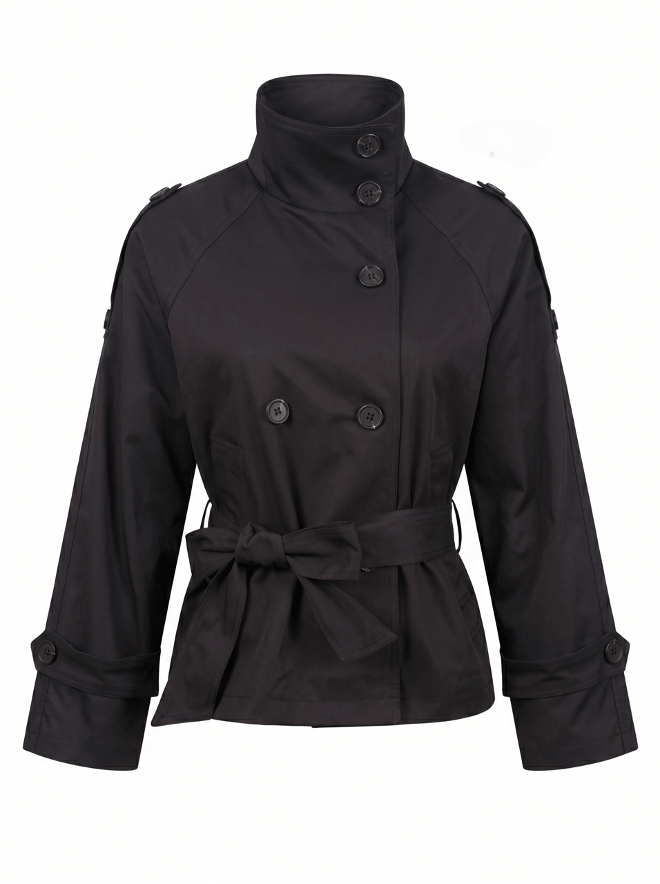 Funnel Neck Cropped Trench Coat - Black - Image 2