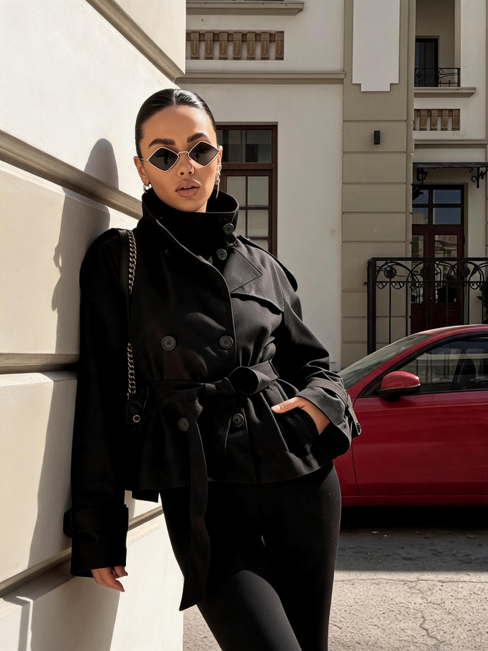 Funnel Neck Cropped Trench Coat - Black