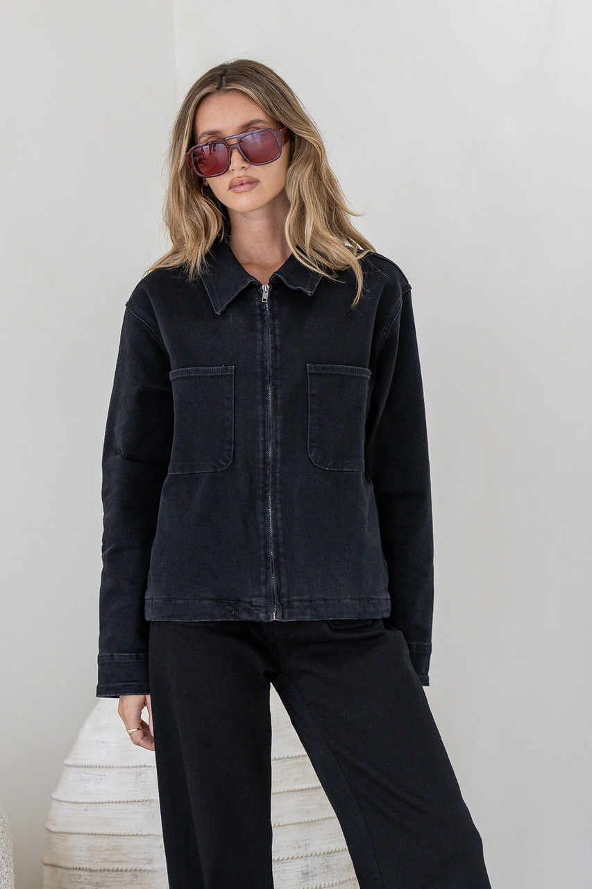 Stretch Zip Front Jacket - Washed Black - Image 3
