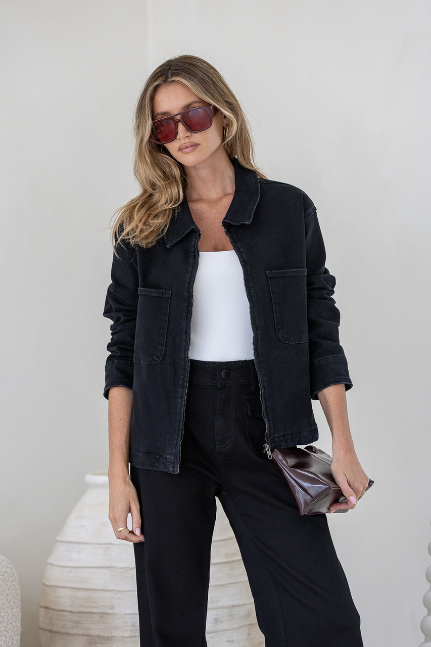 Stretch Zip Front Jacket - Washed Black