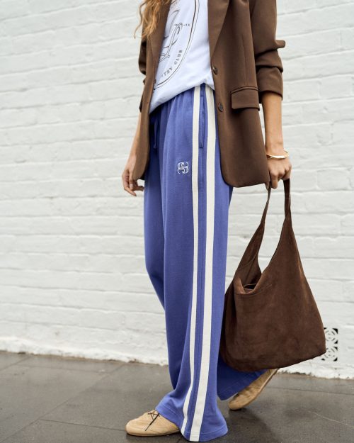Gigi Wide Leg Terry Trackpant - Washed Navy Side Stripe