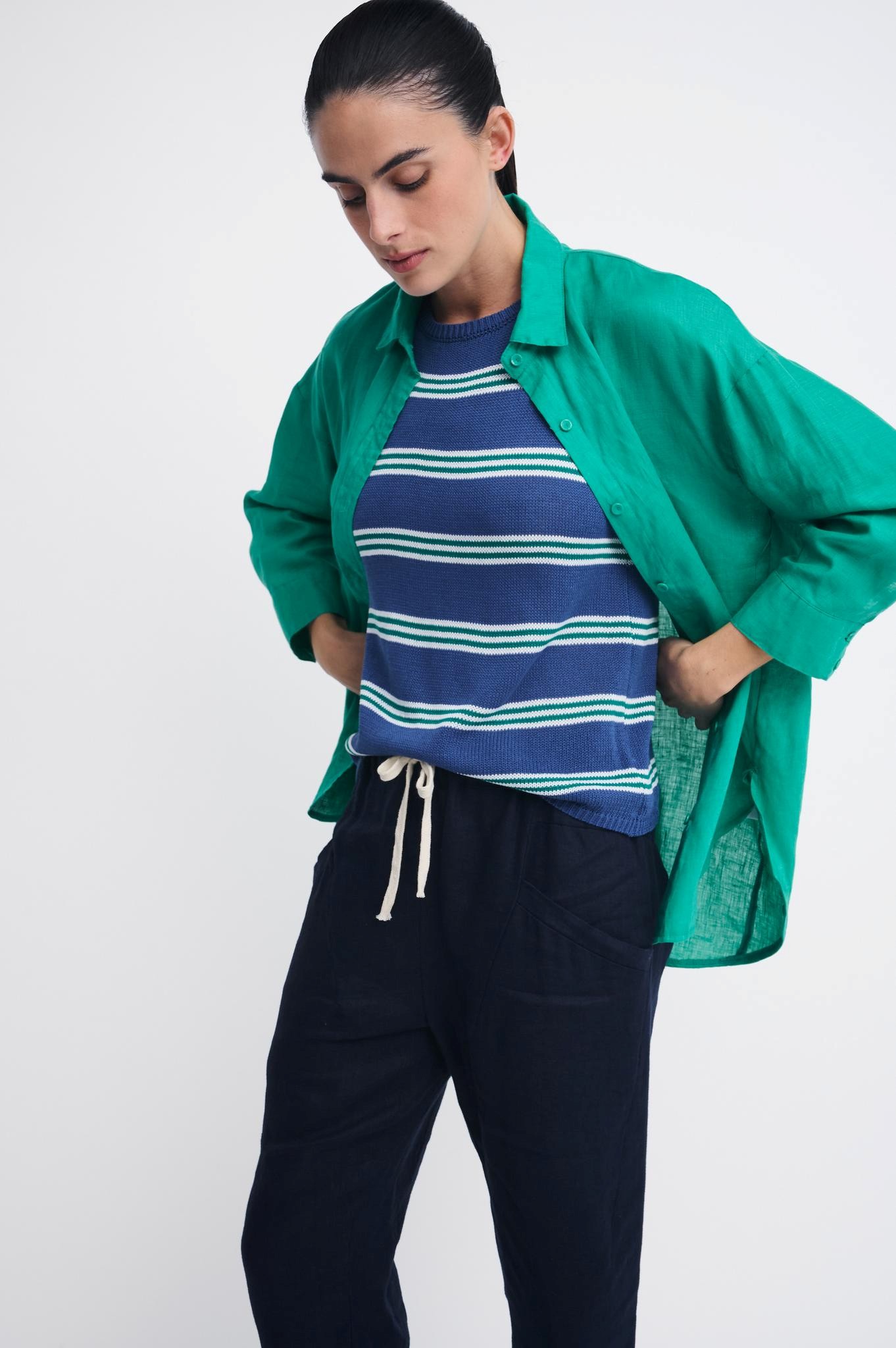 Little Lies Linen Boyfriend Shirt - Teal - Image 2