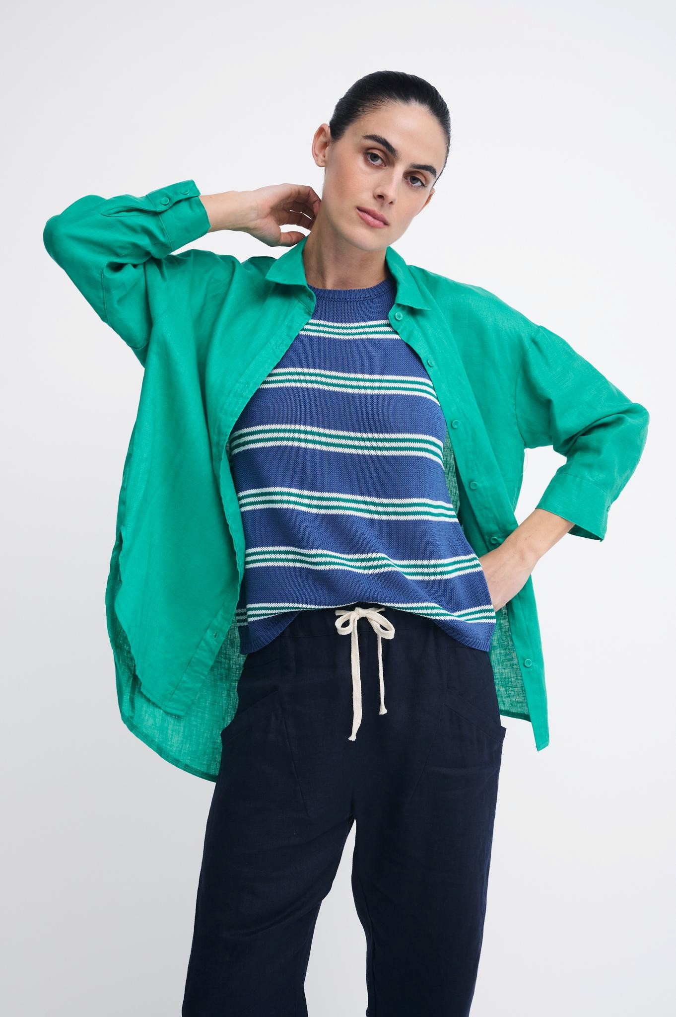 Little Lies Linen Boyfriend Shirt - Teal - Image 3