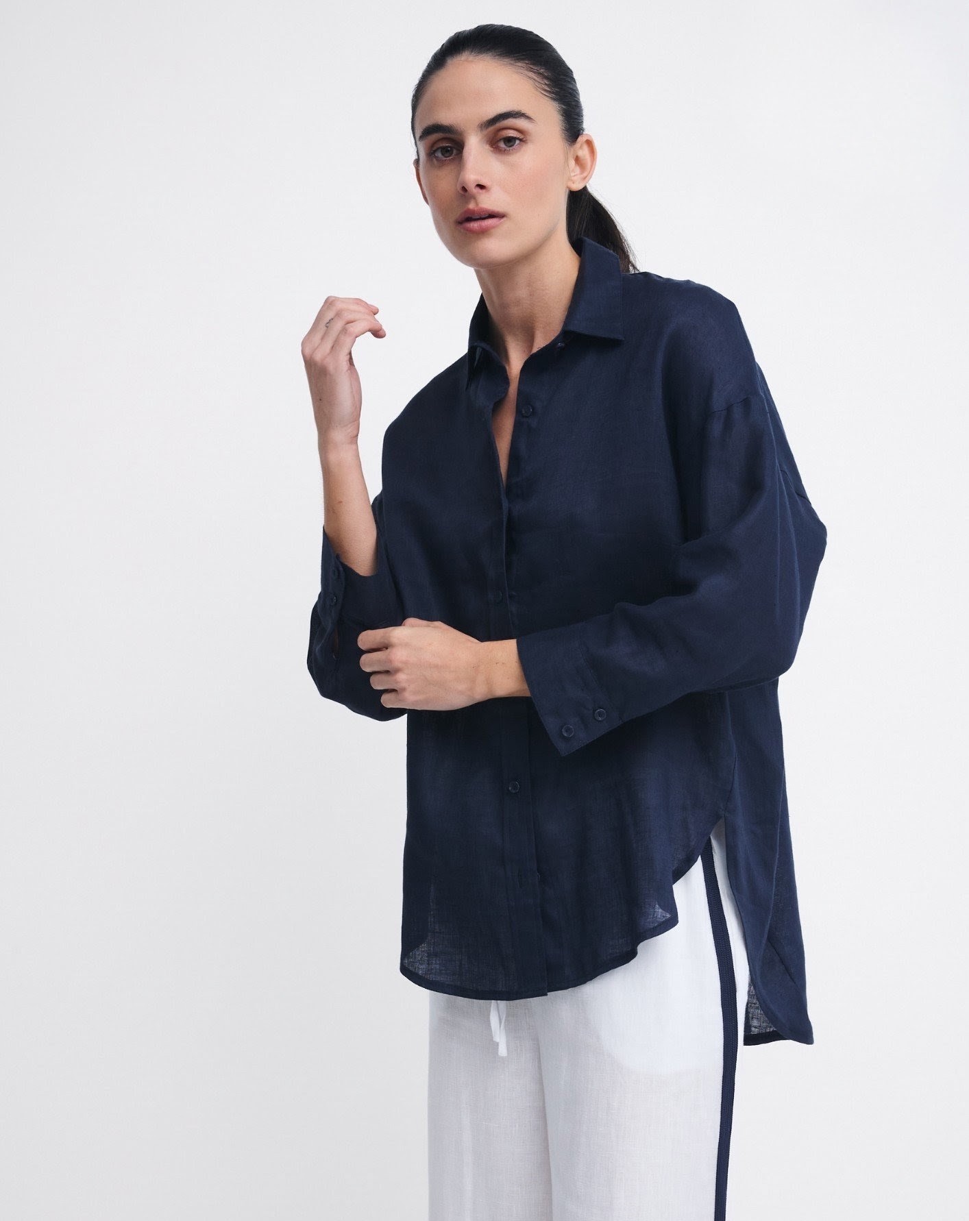 Little Lies Linen Boyfriend Shirt - Navy