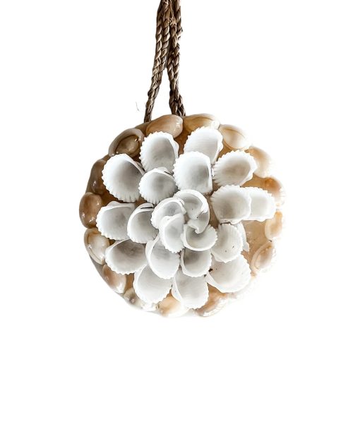 Hanging Shell Ornament Seagrass Rope - White Flower with Cowrie Shell Border