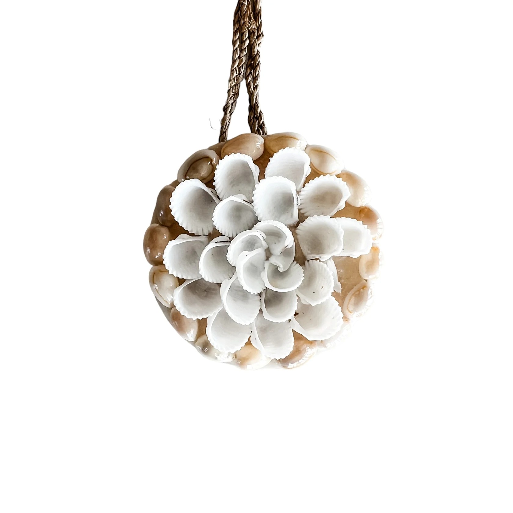 Hanging Shell Ornament Seagrass Rope - White Flower with Cowrie Shell Border