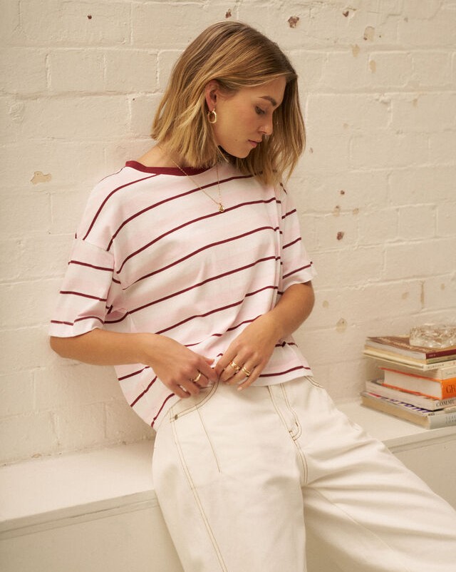 Brea Boxy Tee - Sunfaded Pink/Mulberry Stripe