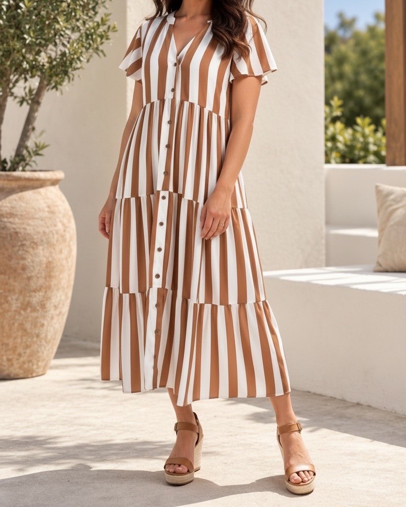 Amalfi Stripe Button Tier Dress - Tan/White - Image 3