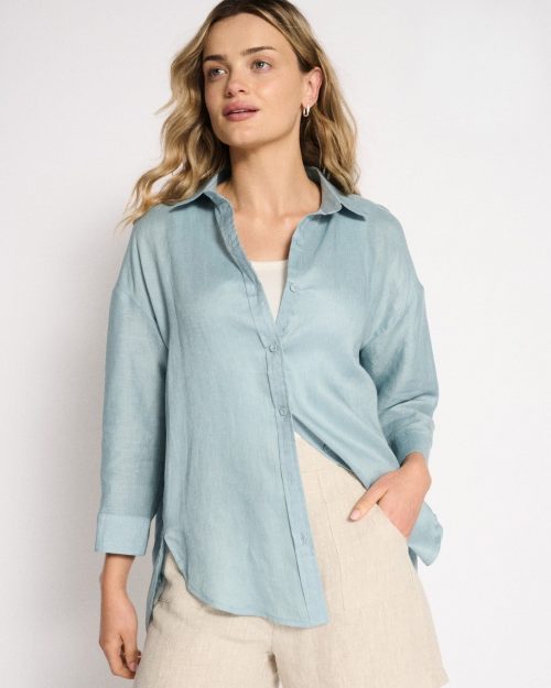 Little Lies Linen Boyfriend Shirt - Aqua Haze