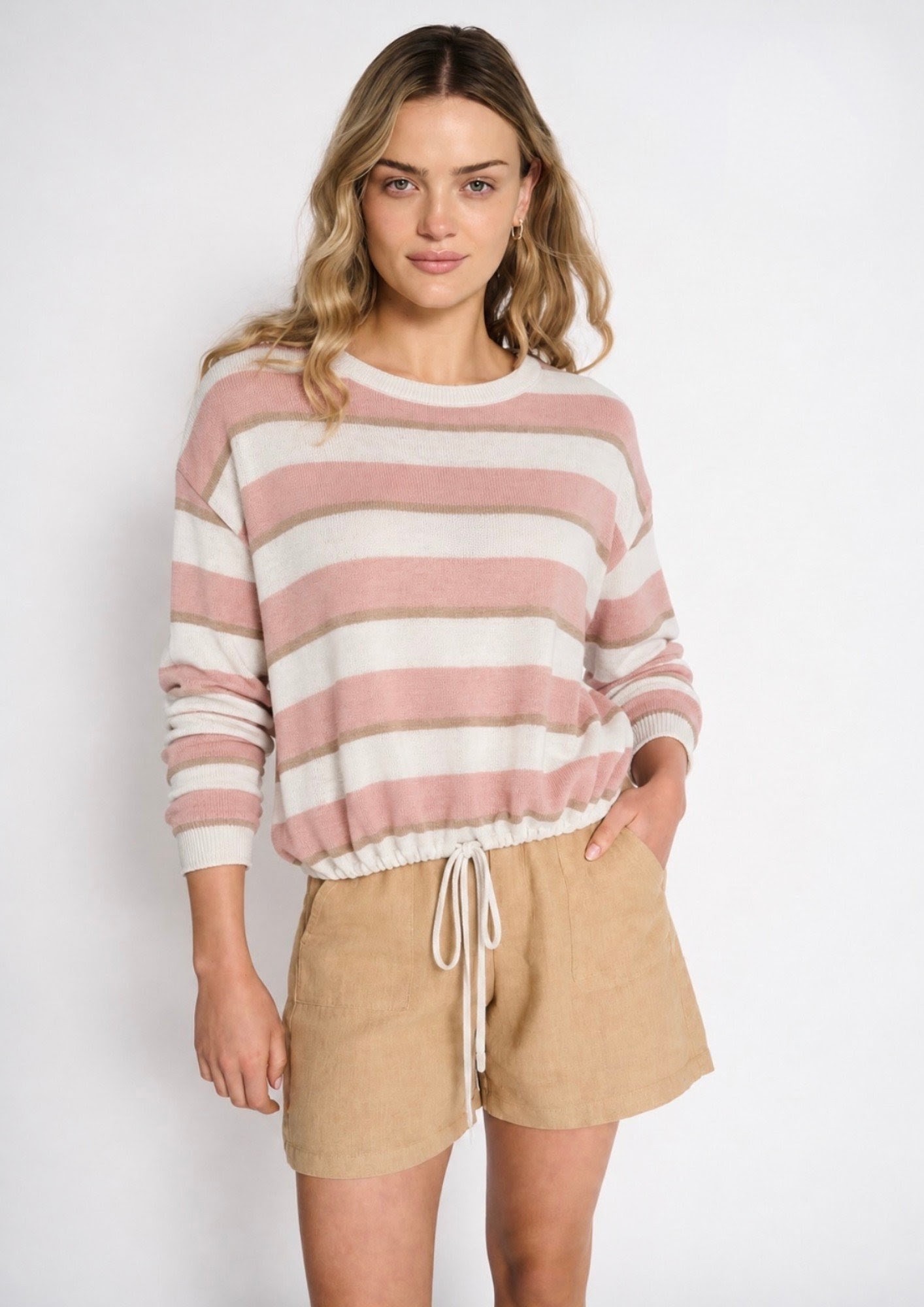 Little Lies Hailey Drawstring Top - Soft Pink Stripe