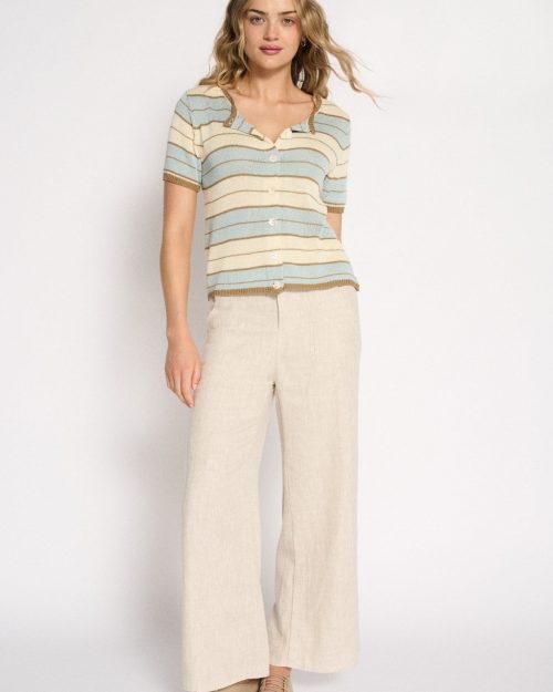 Little Lies Solene Stripe Button Up Top - Dusty Aqua