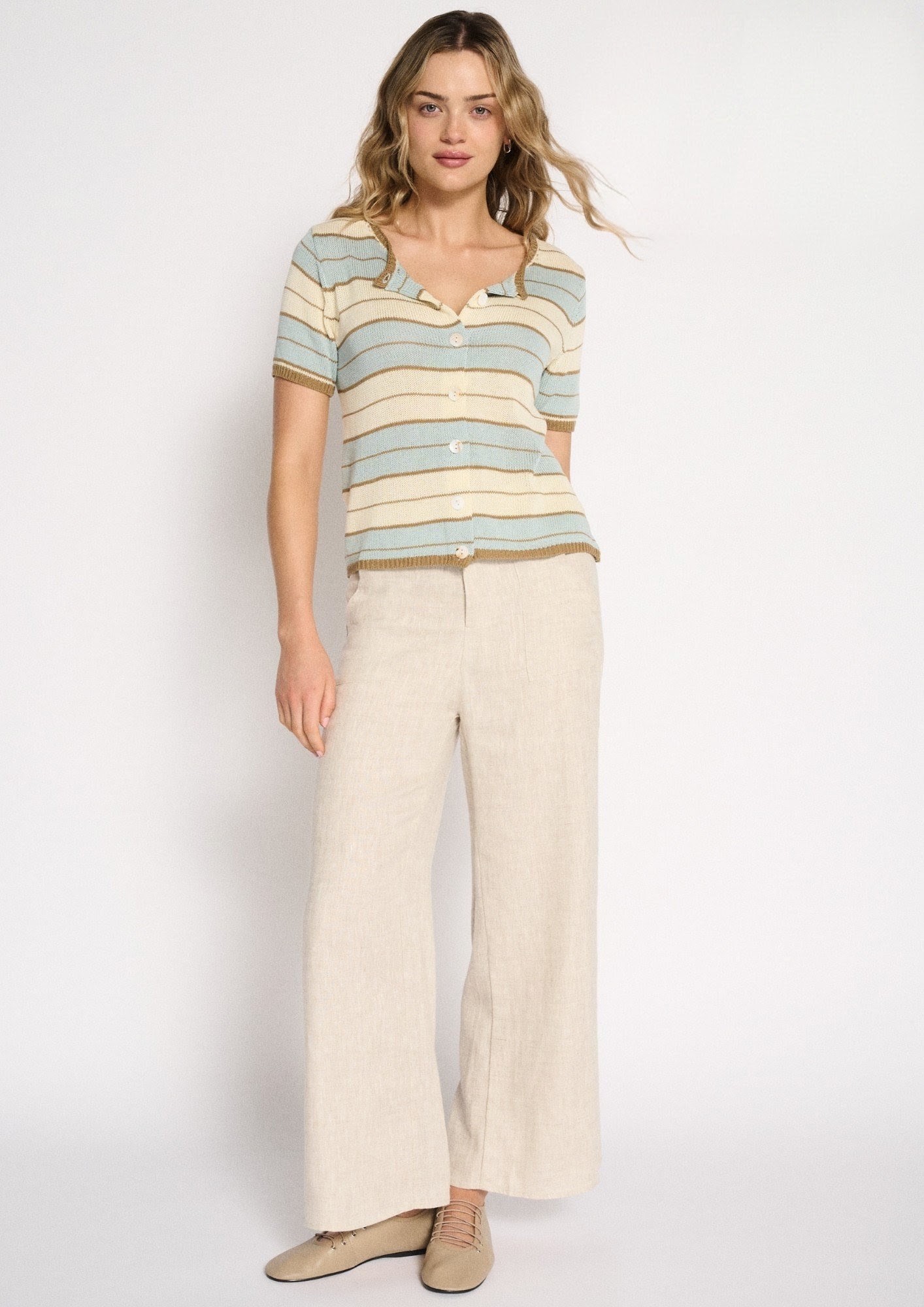 Little Lies Solene Stripe Button Up Top - Dusty Aqua