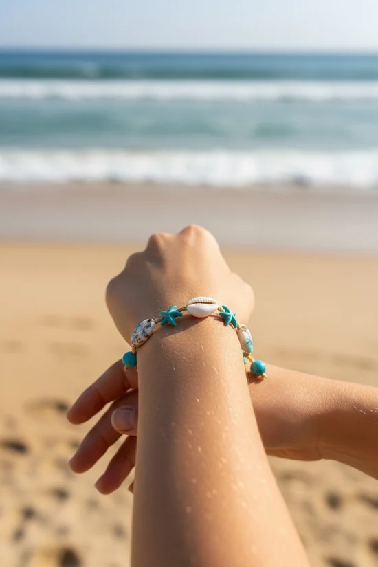 Turquoise Starfish & Cowrie Anklet Bracelet - Image 2