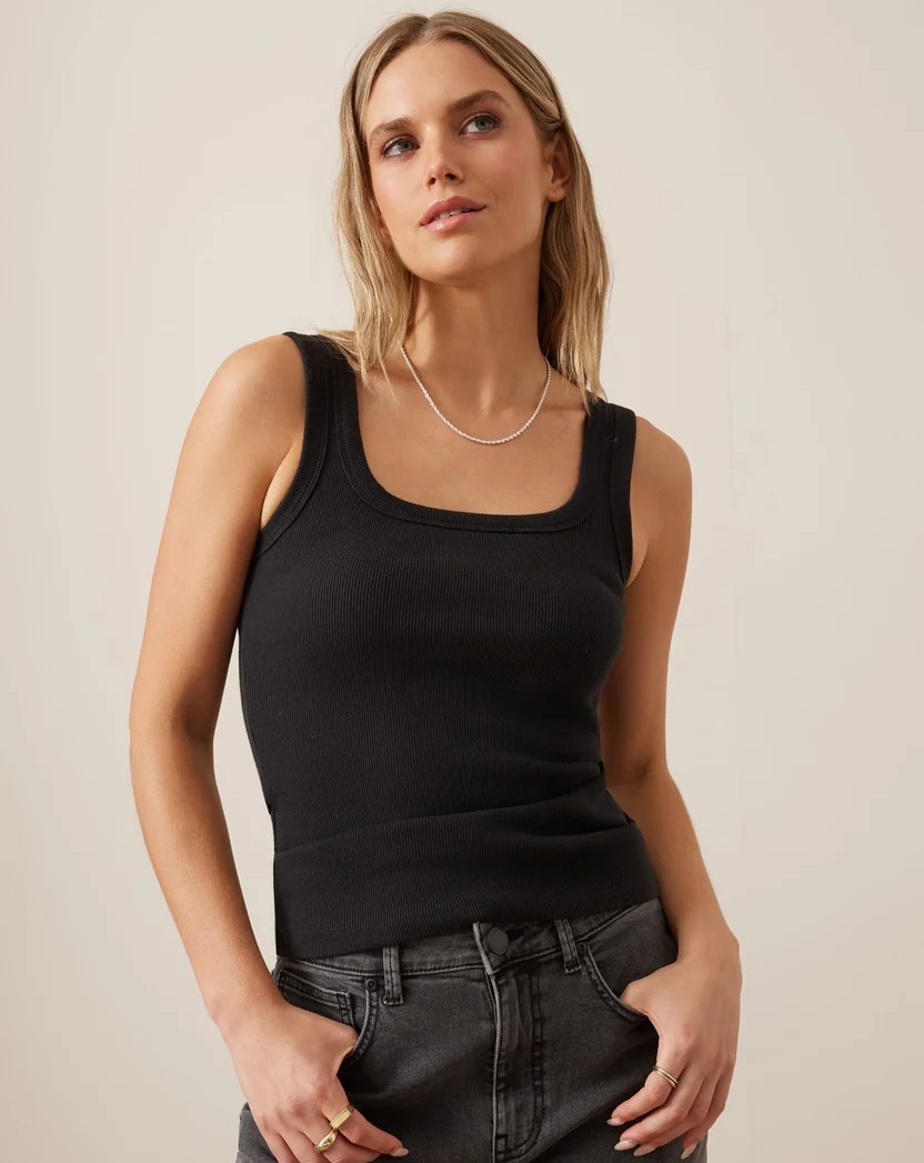 Zaeli Contour Rib Square Neck Tank - Black