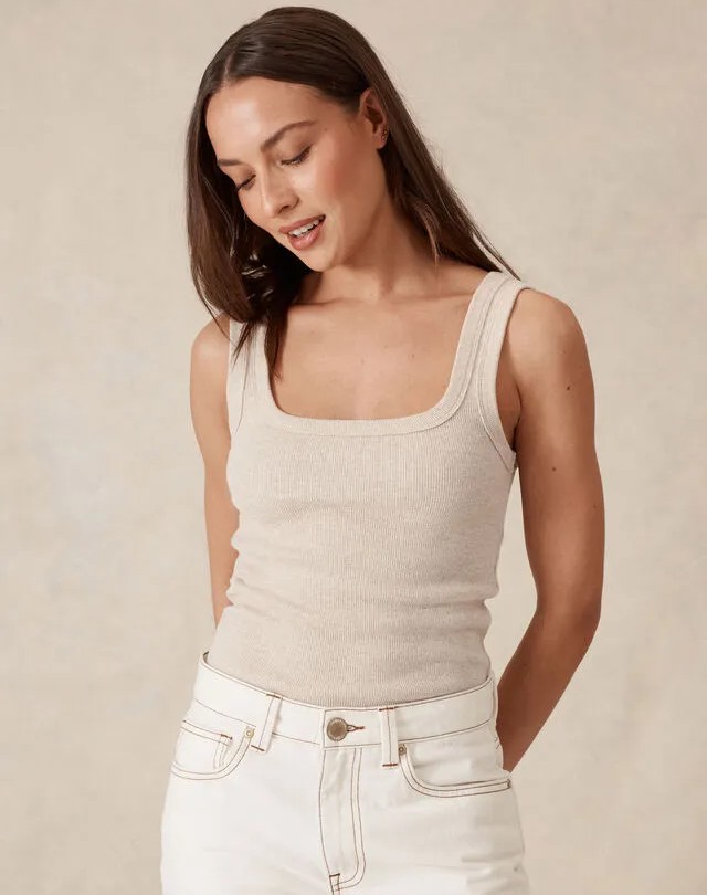 Zaeli Contour Rib Square Neck Tank - Oatmeal Marle