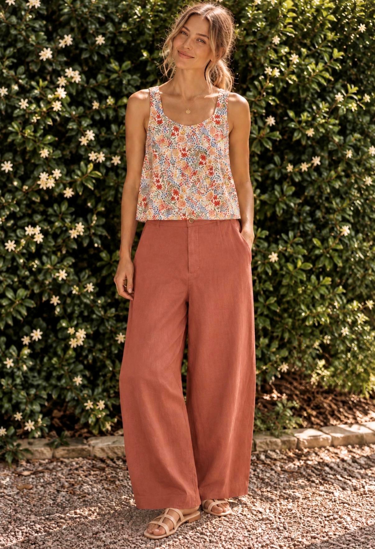 Little Lies Barrel Leg Linen Pants - Terracotta