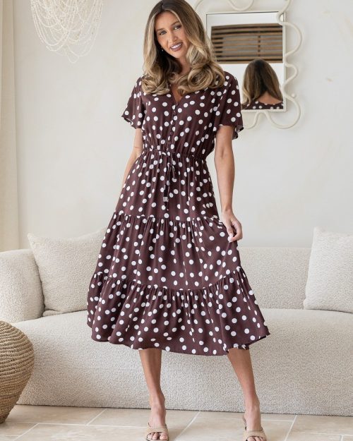 Farah Drawstring Polka Dot Dress - Chocolate/White