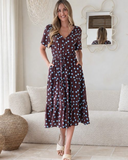 Farah Drawstring Polka Dot Dress - Chocolate/Vintage Blue