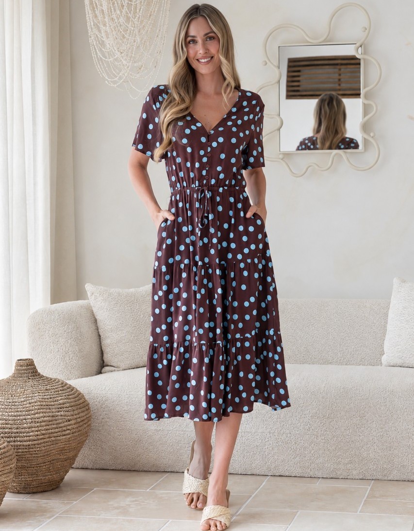 Farah Drawstring Polka Dot Dress - Chocolate/Vintage Blue