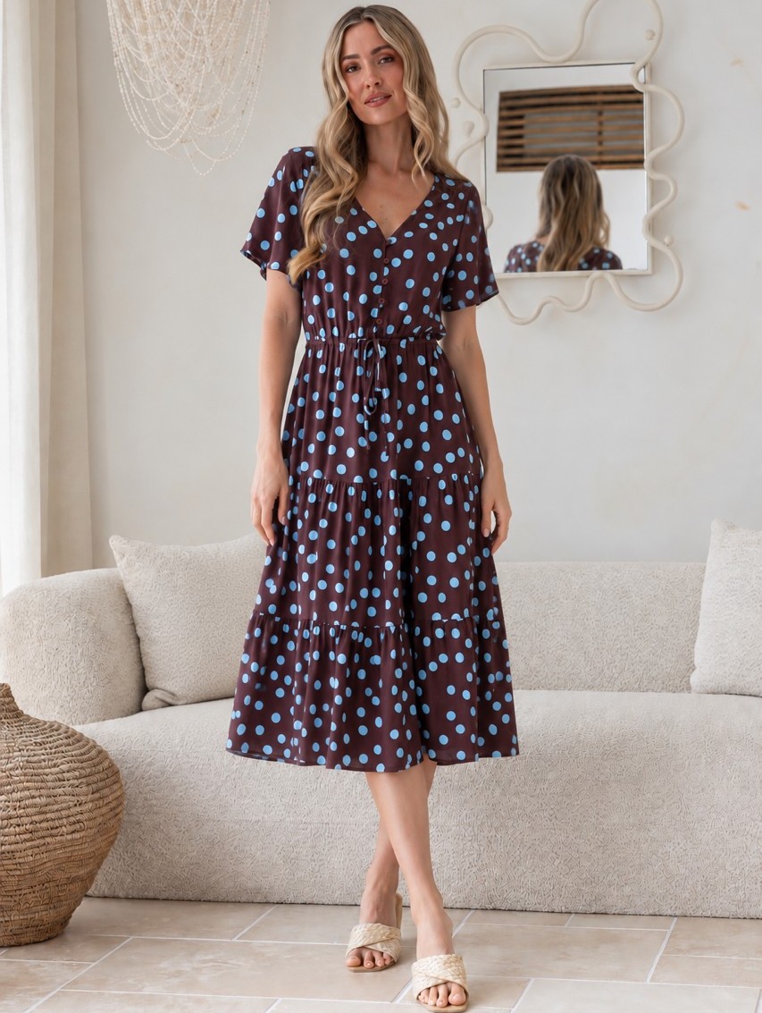 Farah Drawstring Polka Dot Dress - Chocolate/Vintage Blue - Image 2