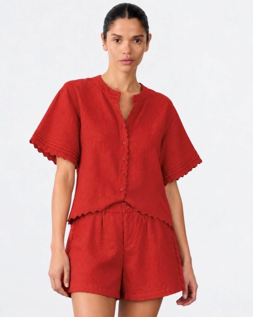 Little Lies Georgia Scallop Blouse - Earthy Red