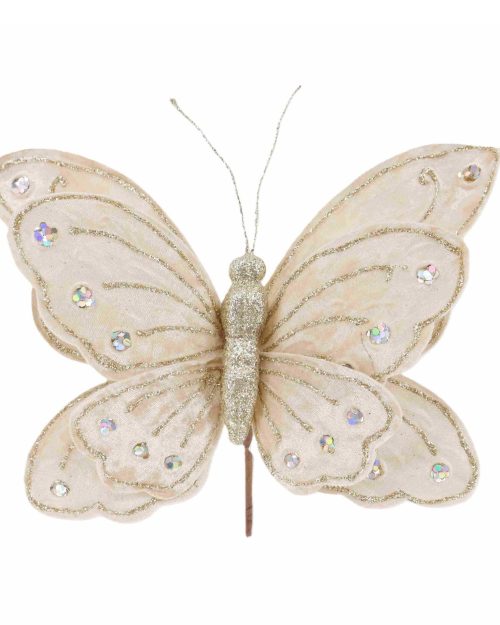 Xmas Adorned Butterfly Stem Gold Fabric 27x15cm