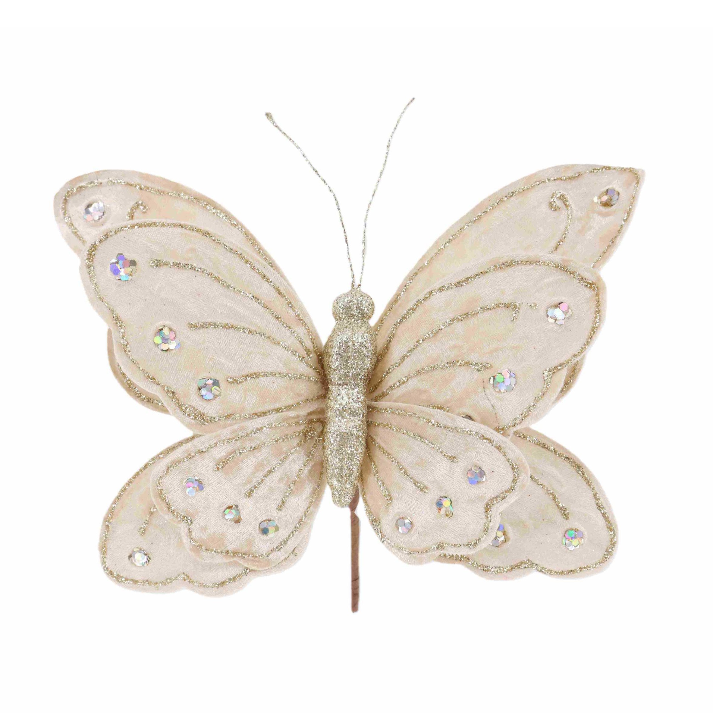 Xmas Adorned Butterfly Stem Gold Fabric 27x15cm