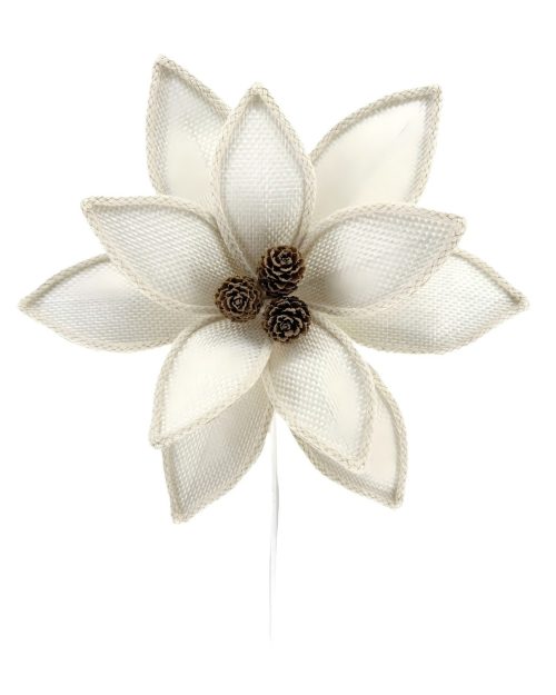 Xmas Textured Poinsettia Stem Fabric White 30cm