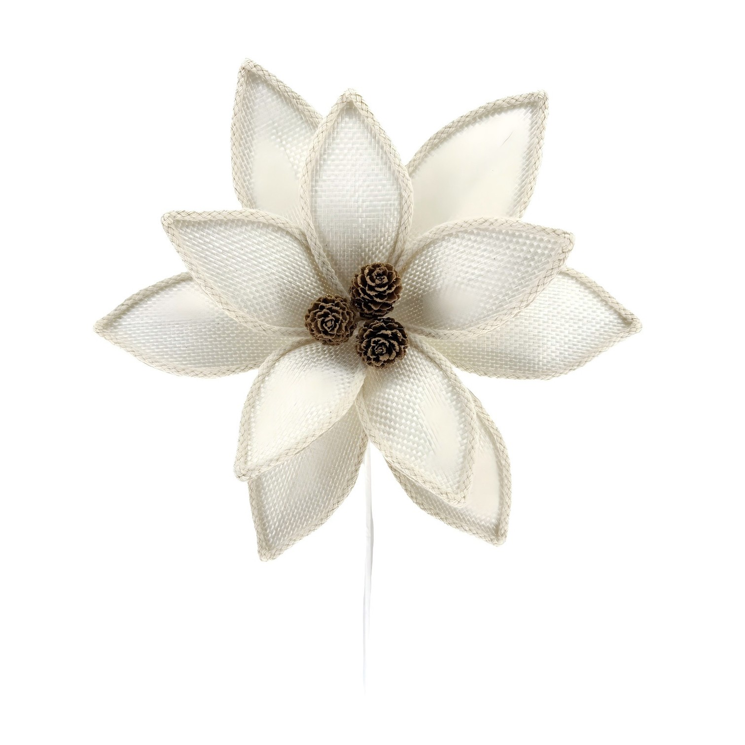 Xmas Textured Poinsettia Stem Fabric White 30cm